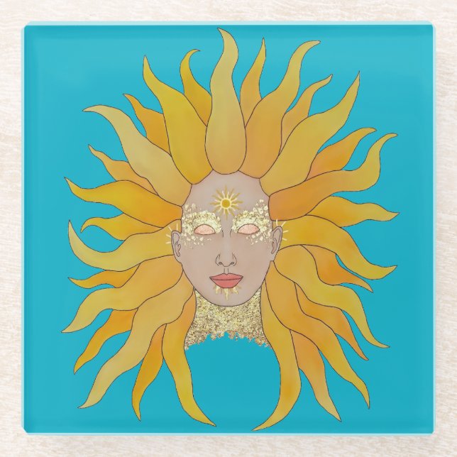 Turquoise yellow gold sun inspired glass coaster (Front)