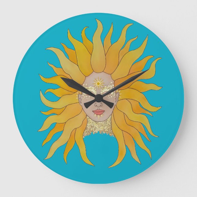 Turquoise yellow gold sun inspired large clock (Front)