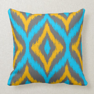 Turquoise & Yellow & Grey Quatrefoil Ikat Pattern Cushion