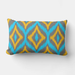 Turquoise & Yellow & Grey Quatrefoil Ikat Pattern Lumbar Cushion