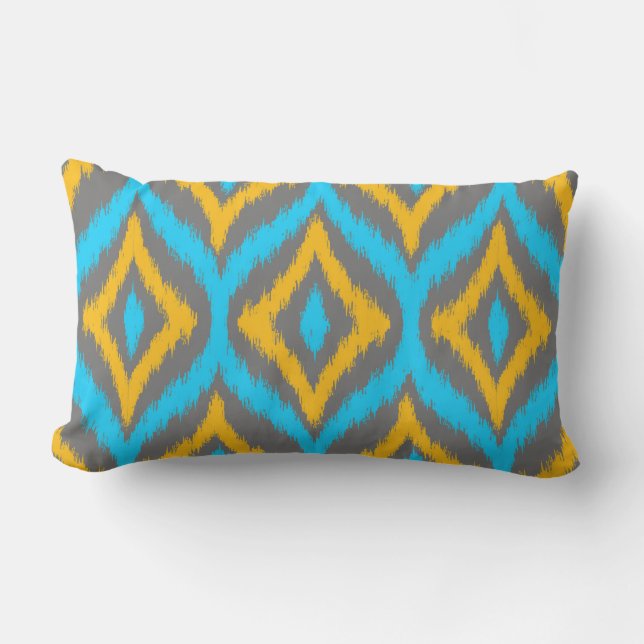 Turquoise & Yellow & Grey Quatrefoil Ikat Pattern Lumbar Cushion (Front)