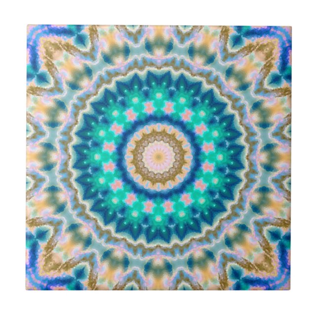 Turquoise yellow mandala ceramic tile (Front)