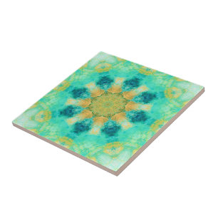 turquoise & yellow mandala   kaleidoscope pattern ceramic tile