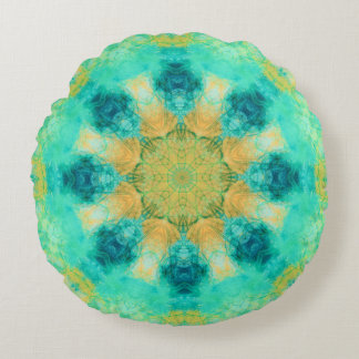 turquoise & yellow mandala | kaleidoscope pattern round cushion