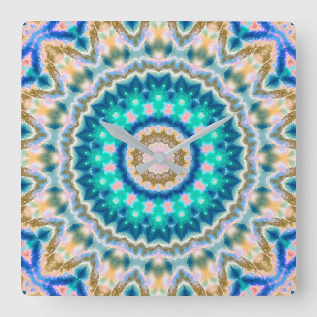 Turquoise yellow mandala square wall clock (Front)