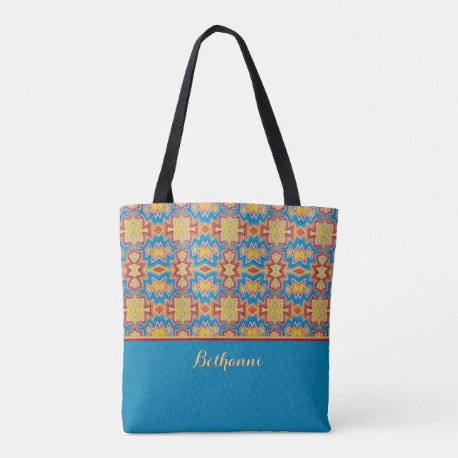 Turquoise, Yellow & Red Tribal Inspired Shapes  Tote Bag (Back)
