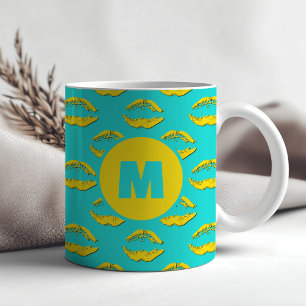 Turquoise & Yellow XOXO Kissing Lips Personalised Coffee Mug