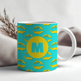Turquoise & Yellow XOXO Kissing Lips Personalised Coffee Mug