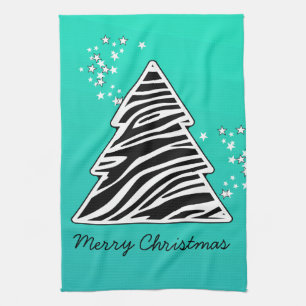 Turquoise zebra Christmas Tree Tea Towel