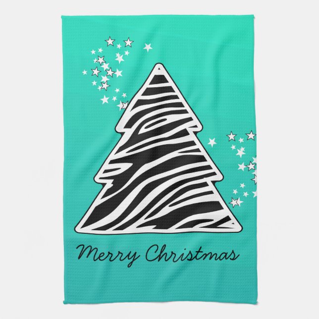 Turquoise zebra Christmas Tree Tea Towel (Vertical)
