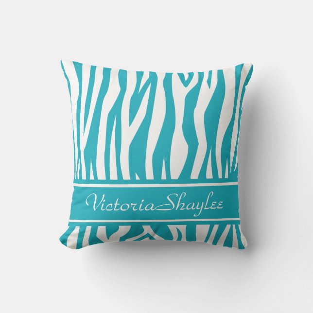 Turquoise Zebra Print with custom text Cushion (Front)