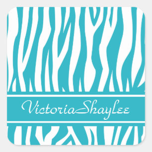 Turquoise Zebra Print with custom text Square Sticker