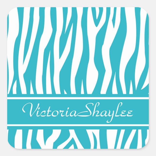 Turquoise Zebra Print with custom text Square Sticker (Front)