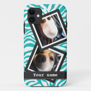 Turquoise Zebra with  2 Square Instagram Photos iPhone 11 Case