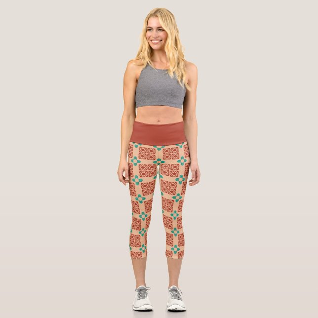 Turquoise Zia Tribal Brown Tan Capri Leggings (Front)