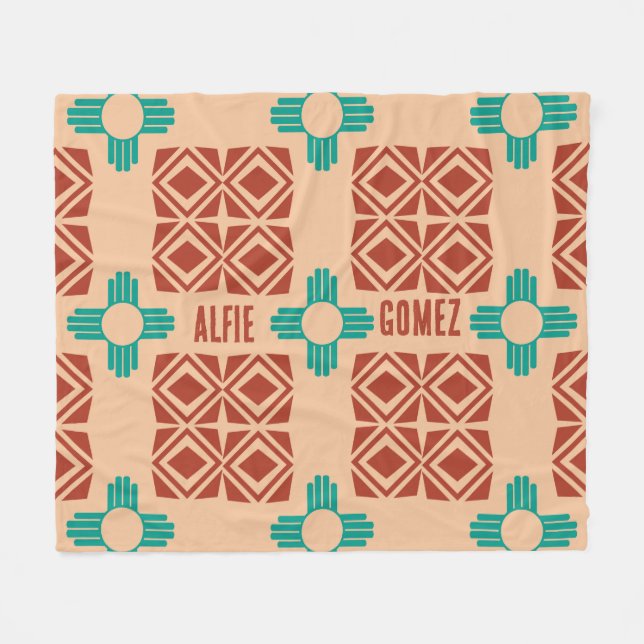 Turquoise Zia Tribal Brown Tan Fleece Blanket (Front (Horizontal))