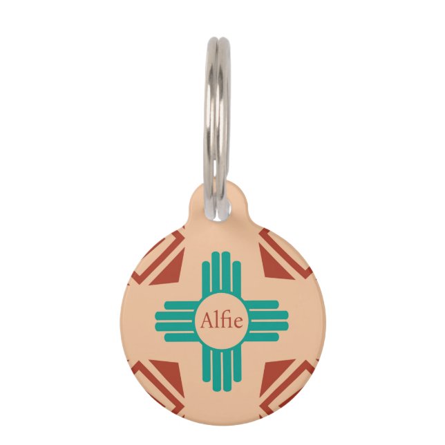 Turquoise Zia Tribal Brown Tan Pet Tag (Front)