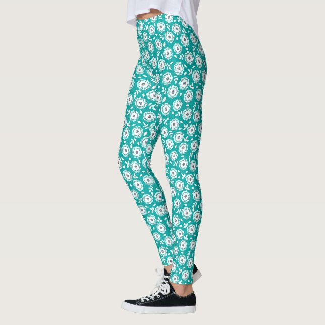 Turquose white minimalist flower pattern leggings (Left)