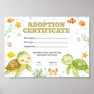Turtle adopt a pet certificate editable poster