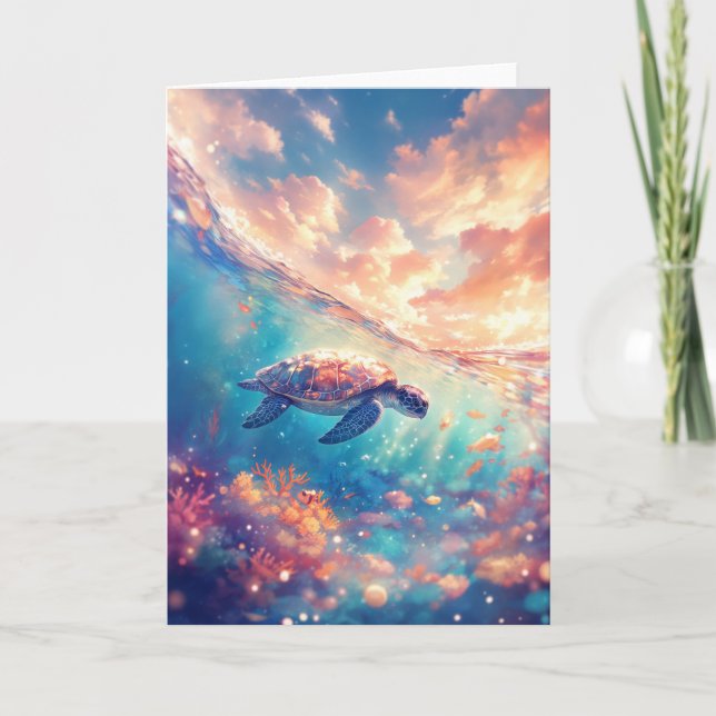 Turtle Amidst Sunset and Coral Reef Card (Front)