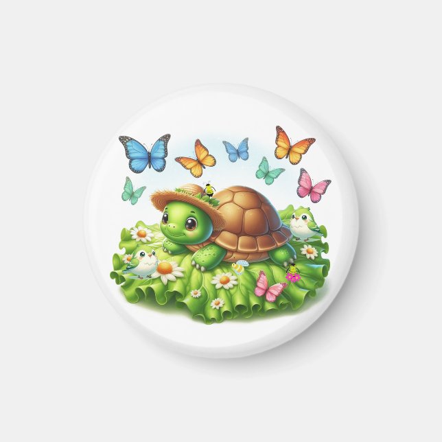 Turtle and Birds in a Whimsical Garden Magnet (Front)