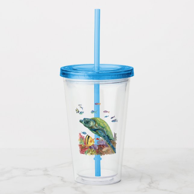 Turtle and fishes in the sea  acrylic tumbler (Front)