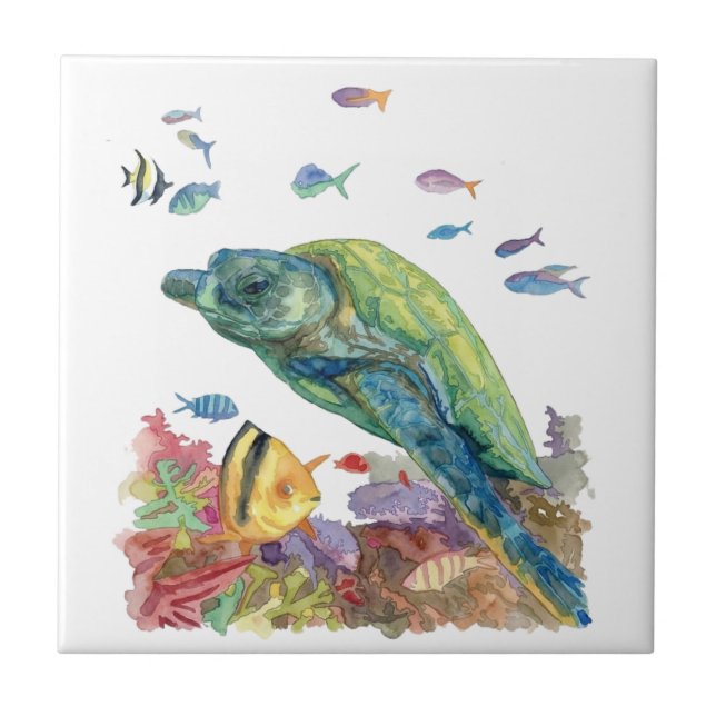 Turtle and fishes in the sea  ceramic tile (Front)