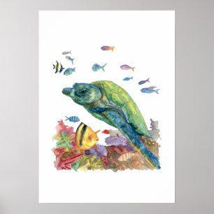 Turtle and fishes in the sea poster