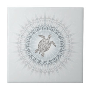 Turtle And Mandala Grayish Blue Taupe Ceramic Tile