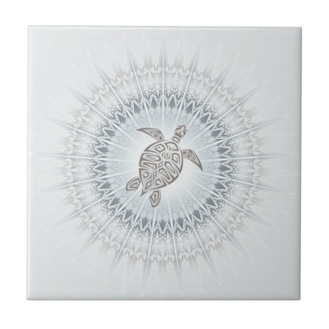 Turtle And Mandala Grayish Blue Taupe Ceramic Tile (Front)