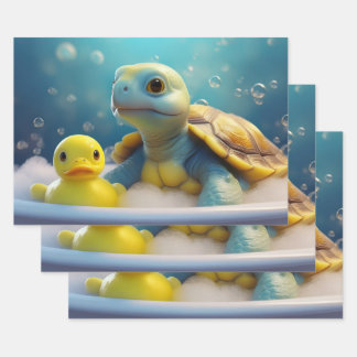 Turtle and Rubber Duck in Bubble Bath Wrapping Paper Sheet