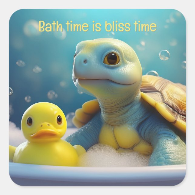 Turtle and Rubber Duck in the Bath Custom Text Square Sticker (Front)