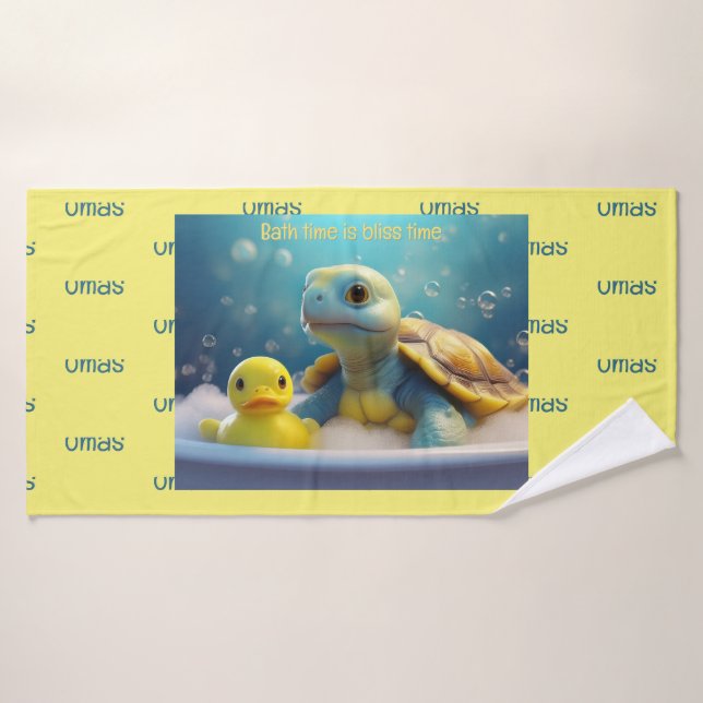 Turtle and Rubber Duck in the Bath Custom Text Towel (Bath Towel)