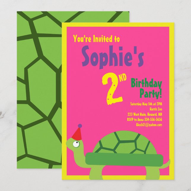 Turtle Animal Kid's Birthday Party Invitations (Front/Back)