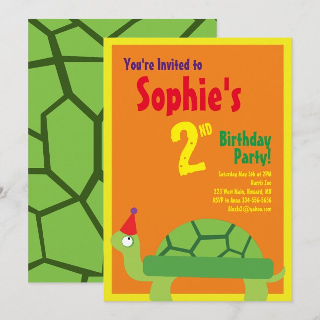 Turtle Animal Kid's Birthday Party Invitations (Front/Back)