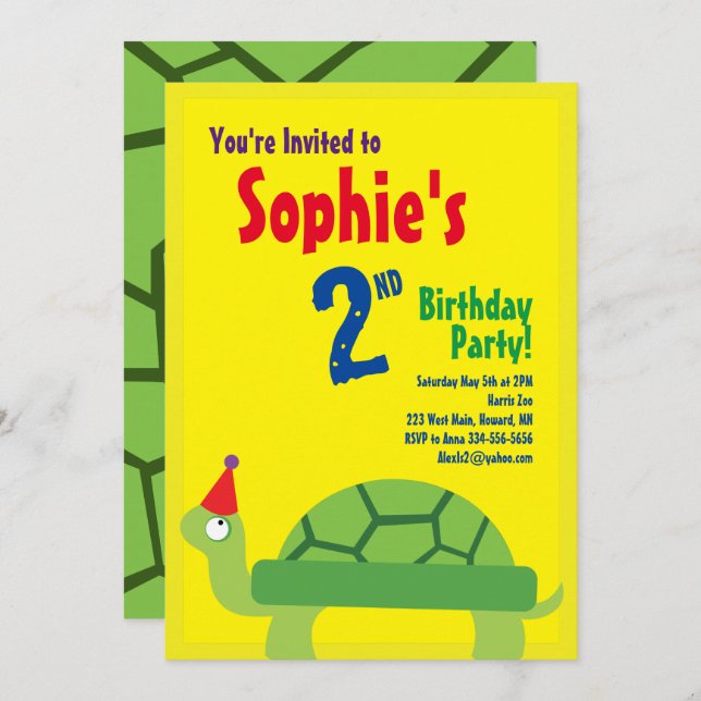 Turtle Animal Kid's Birthday Party Invitations (Front/Back)