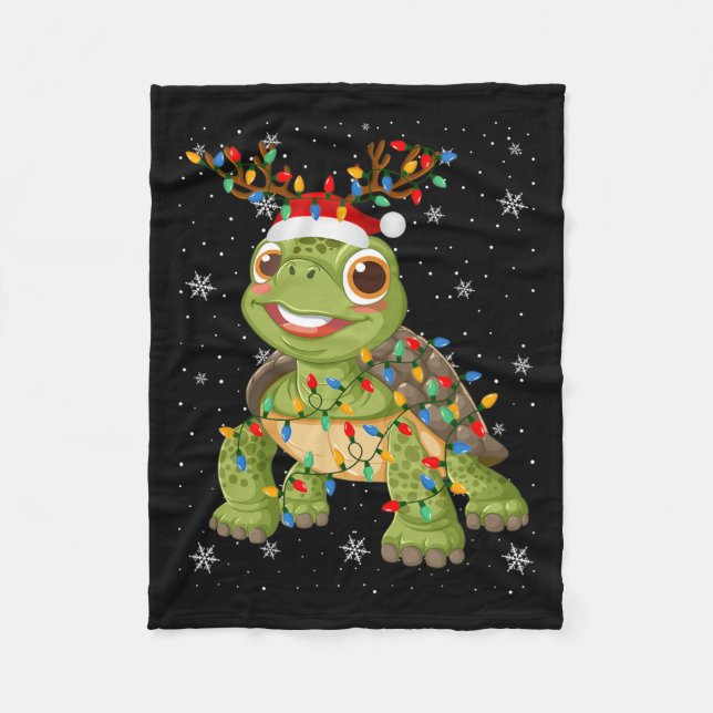 Turtle Animal Santa Hat Ugly Christmas Tree Lights Fleece Blanket (Front)