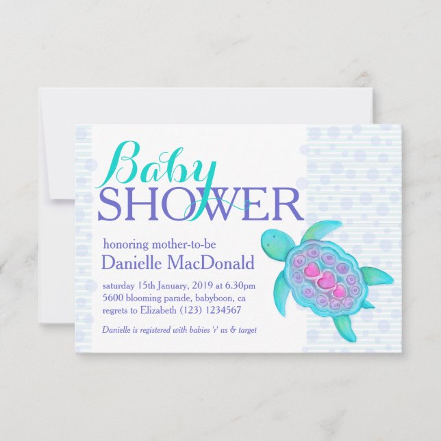 Turtle art baby shower aqua purple invitations (Front)