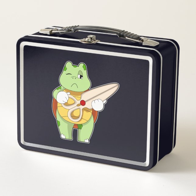 Turtle as Hairdresser with Scissors Metal Lunch Box (Front)