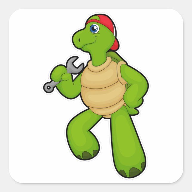 Turtle as Mechanic with Wrench & Cap Square Sticker (Front)