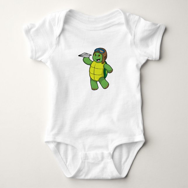 Turtle as Pilot with Paper plane Baby Bodysuit (Front)