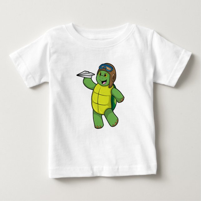 Turtle as Pilot with Paper plane Baby T-Shirt (Front)