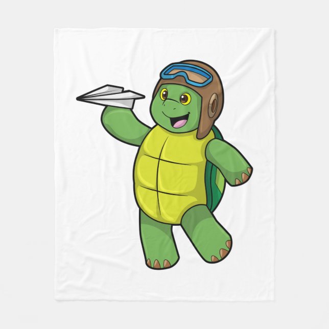 Turtle as Pilot with Paper plane Fleece Blanket (Front)