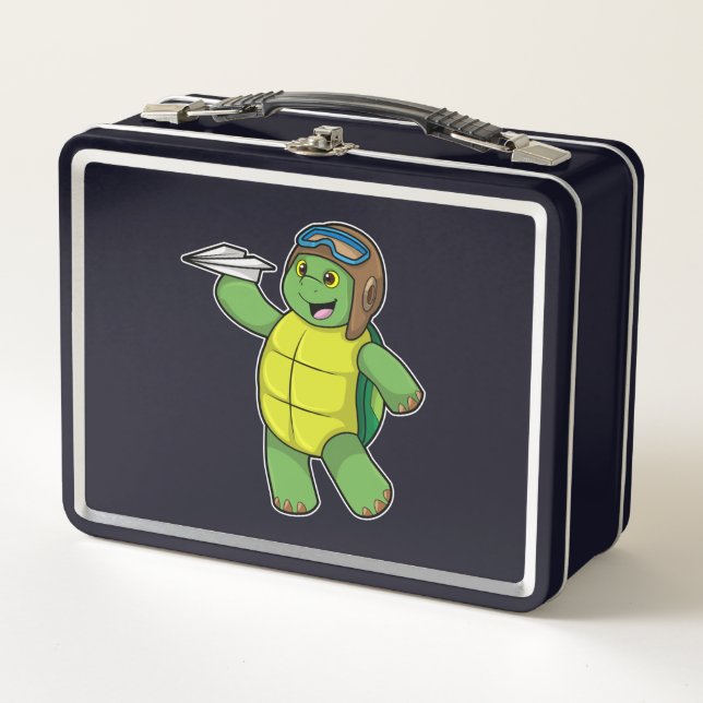 Turtle as Pilot with Paper plane Metal Lunch Box (Front)