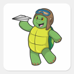 Turtle as Pilot with Paper plane Square Sticker