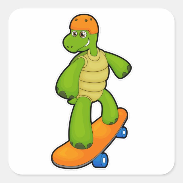 Turtle as Skateboarder with Skateboard & Helmet Square Sticker (Front)