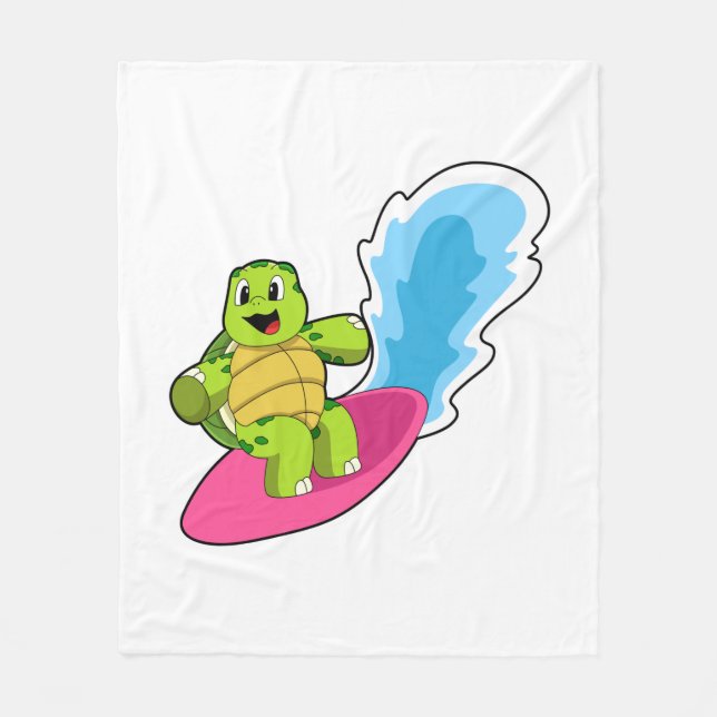 Turtle as Surfer with Surfboard Fleece Blanket (Front)