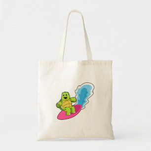 Turtle as Surfer with Surfboard Tote Bag
