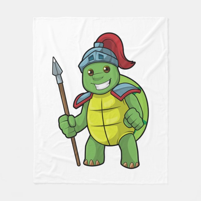 Turtle as Warrior with Spear & Helmet Fleece Blanket (Front)