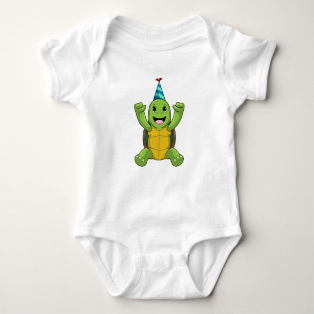 Turtle at Birthday with Party hat Baby Bodysuit (Front)